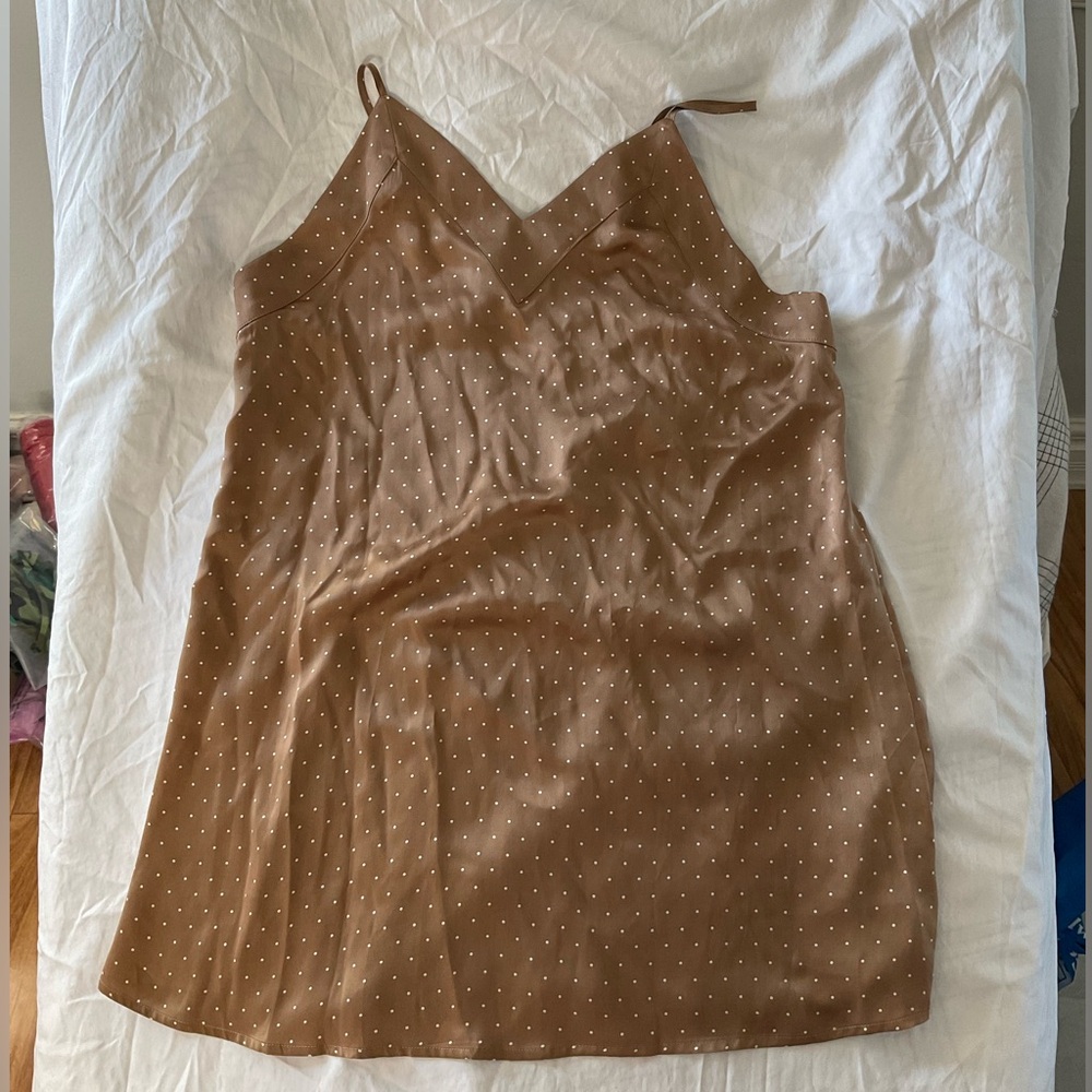 Nordstrom Tan Satin Slip Dress with White Polka Dots
